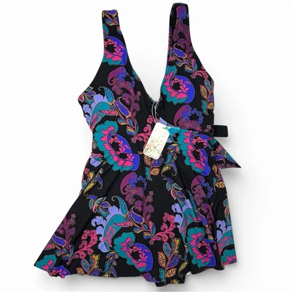 Johnny Was Fatima Wrap Skirt One Piece Swimsuit Black Paisley XL NWT Boho Luxury - Picture 5 of 10